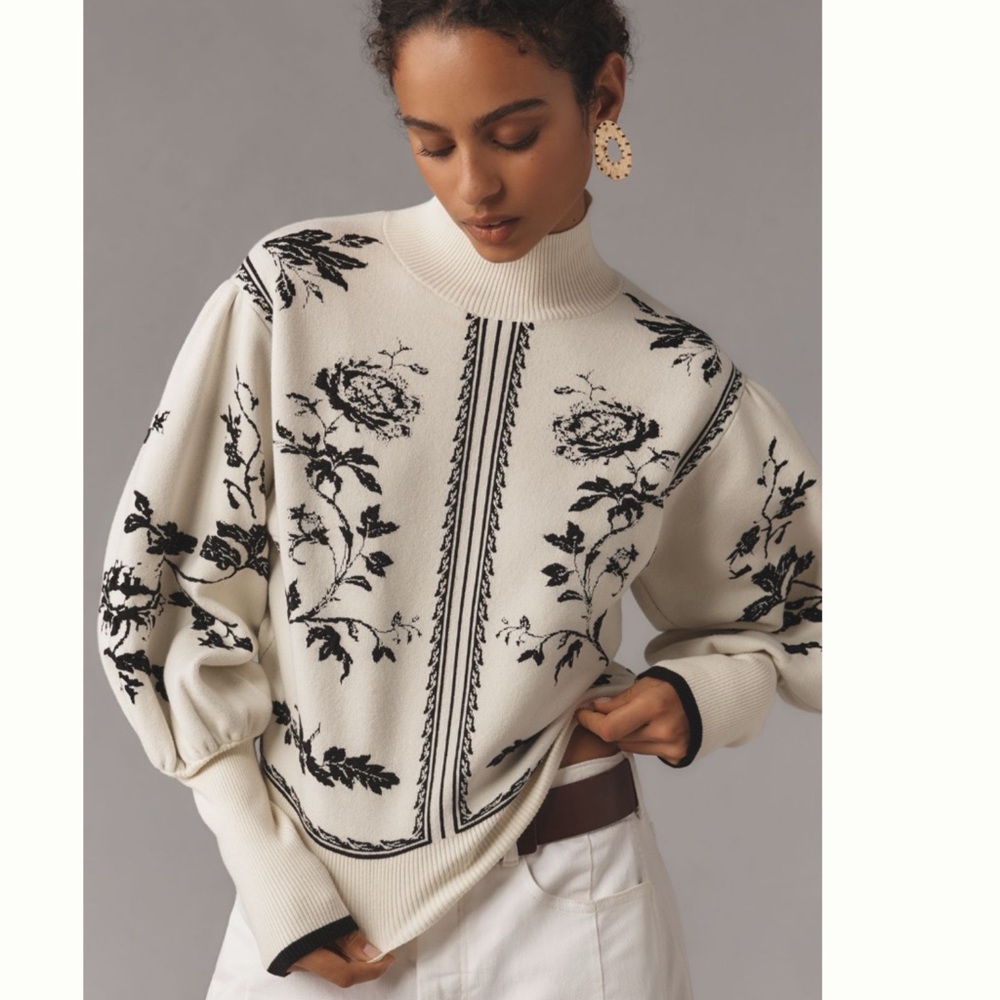 NWT Anthropologie Balloon-Sleeve Embroidered 3D Flowers Turtleneck Sweater - Picture 1 of 17